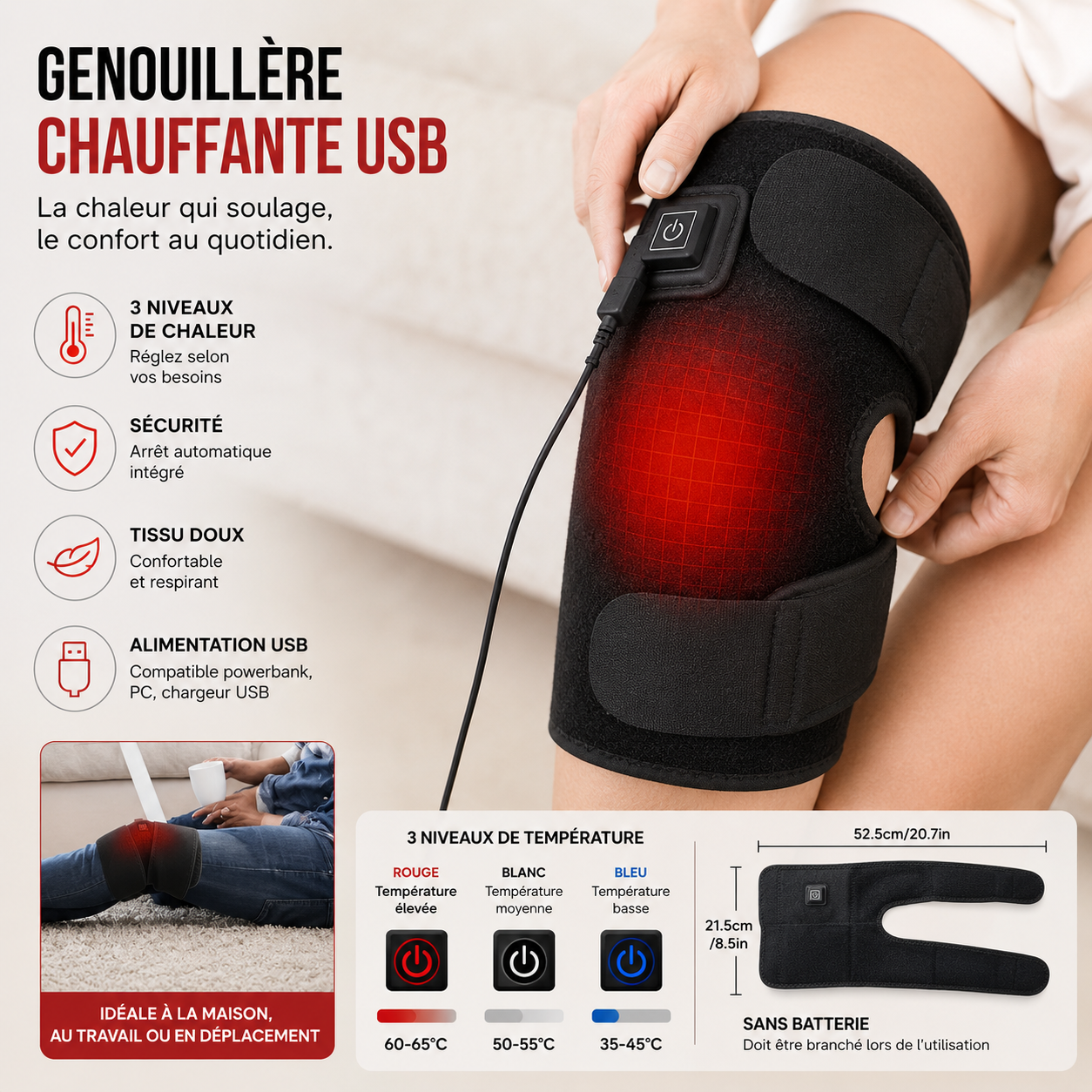 Genouillère Chauffante USB — Arthrose et Raideur