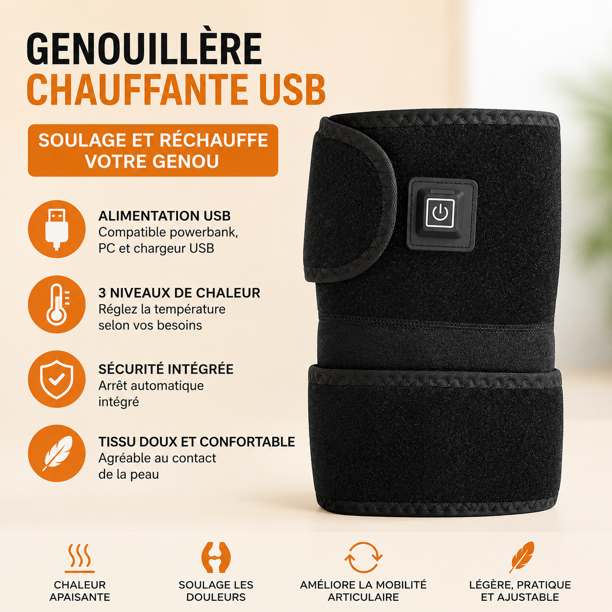Genouillère Chauffante USB — Arthrose et Raideur