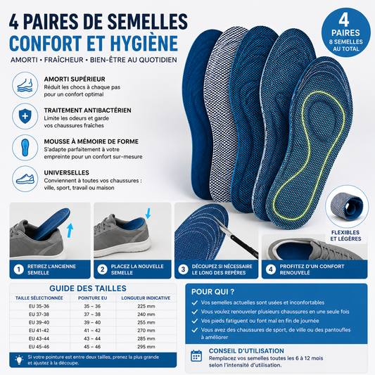 Pack 4 Semelles Orthopédiques Mémoire de Forme